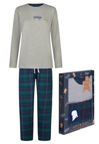 Grijs shirt met lange mouwen en "Holidays" borduurwerk, gecombineerd met groene en marineblauwe geruite broek. Inclusief decoratieve geschenkdoos met feestelijke afbeeldingen.