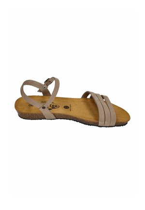 Beige flache Sandale mit drei vorderen Riemen, Knöchelriemen mit Schnalle, Kork-Fußbett und schwarzer Sohle.