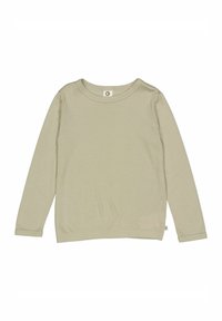 Helles olivgrünes Langarmhemd aus weichem Stoff. Mit Rundhalsausschnitt, geradem Schnitt und einem kleinen Markenetikett am Saum.
