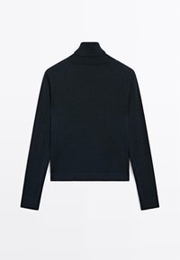 Navy long-sleeve top with a high collar, made from soft knit material. Features a cropped design and ribbed hem and cuffs.