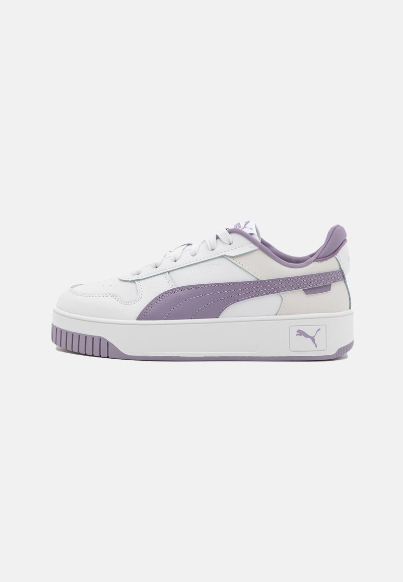 White and purple sneaker with a chunky sole, textured leather and synthetic upper, featuring prominent logo accents and contrasting panels.