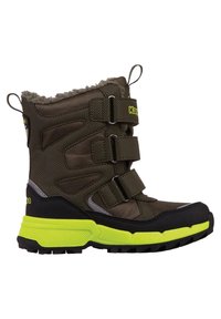 Stivali da neve, parte superiore in nylon verde oliva con fodera in pile, tre cinturini regolabili, suola in gomma nera e accenti giallo brillante.