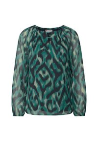 Durchsichtige Bluse in Grün und Blaugrün mit abstraktem schwarzem und cremefarbenem Muster, runder Halsauschnitt und langen Ärmeln mit elastischen Bündchen.