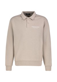 Beige Baumwoll-Polo-Sweater, lange Ärmel, gerippte Bündchen und Saum, mit zwei Knöpfen am Kragen und Logo-Text auf der Vorderseite.