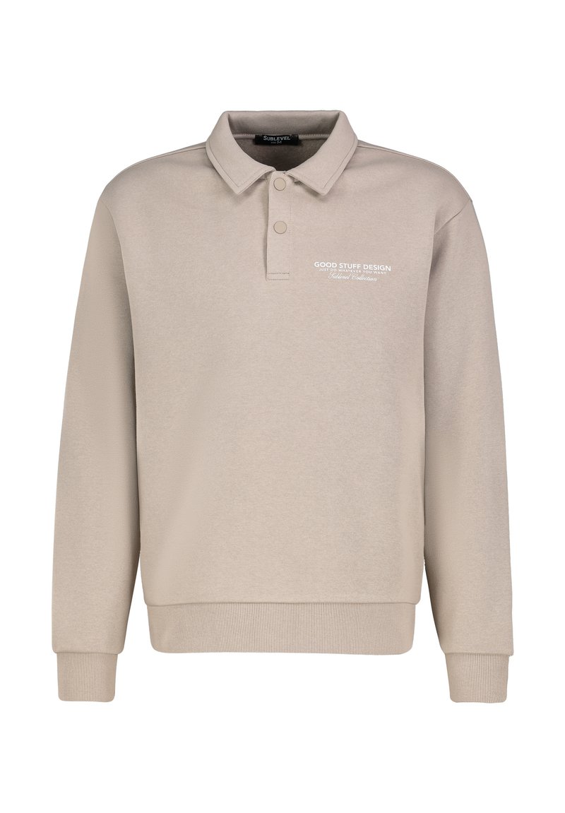 Beige Baumwoll-Polo-Sweater, lange Ärmel, gerippte Bündchen und Saum, mit zwei Knöpfen am Kragen und Logo-Text auf der Vorderseite.