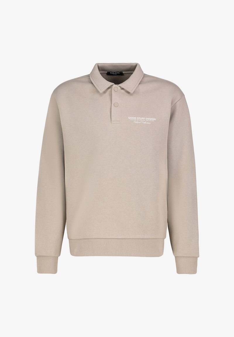 Beige Baumwoll-Polo-Sweater, lange Ärmel, gerippte Bündchen und Saum, mit zwei Knöpfen am Kragen und Logo-Text auf der Vorderseite.