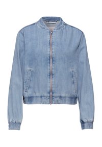 Light blue denim bomber jacket with front zipper, elastic cuffs, two front pockets, and ribbed hem, styled for casual wear.