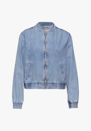 Veste bomber en denim bleu clair avec fermeture éclair frontale, poignets élastiques, deux poches avant et ourlet côtelé, conçue pour un style décontracté.