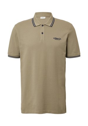 Khaki Poloshirt mit kurzen Ärmeln aus Baumwolle, mit Knopfleiste, dunkelblau gestreiften Kragen und kleinem gesticktem Logo auf der Brust.