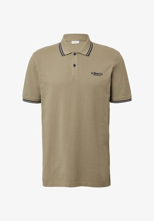 Khaki Poloshirt mit kurzen Ärmeln aus Baumwolle, mit Knopfleiste, dunkelblau gestreiften Kragen und kleinem gesticktem Logo auf der Brust.