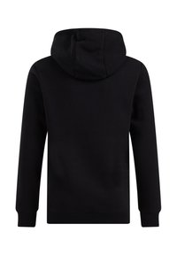 Felpa nera con cappuccio, dotata di cordino, polsini e orlo a costine, texture morbida con design semplice e un'etichetta sul lato.