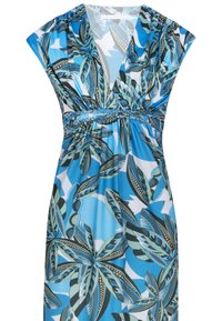 Blaues Kleid mit einem Blattdruck in verschiedenen Blautönen und Grüntönen. Kurze Capärmel, tiefer V-Ausschnitt und geraffter Taillenschnitt. Glatte Textur.
