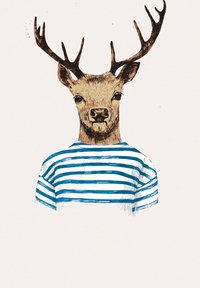 Illustratie van een hert met takken die een blauw-wit gestreept shirt draagt tegen een lichte achtergrond. Het hert heeft een gedetailleerd gezicht en een textuur van de vacht.