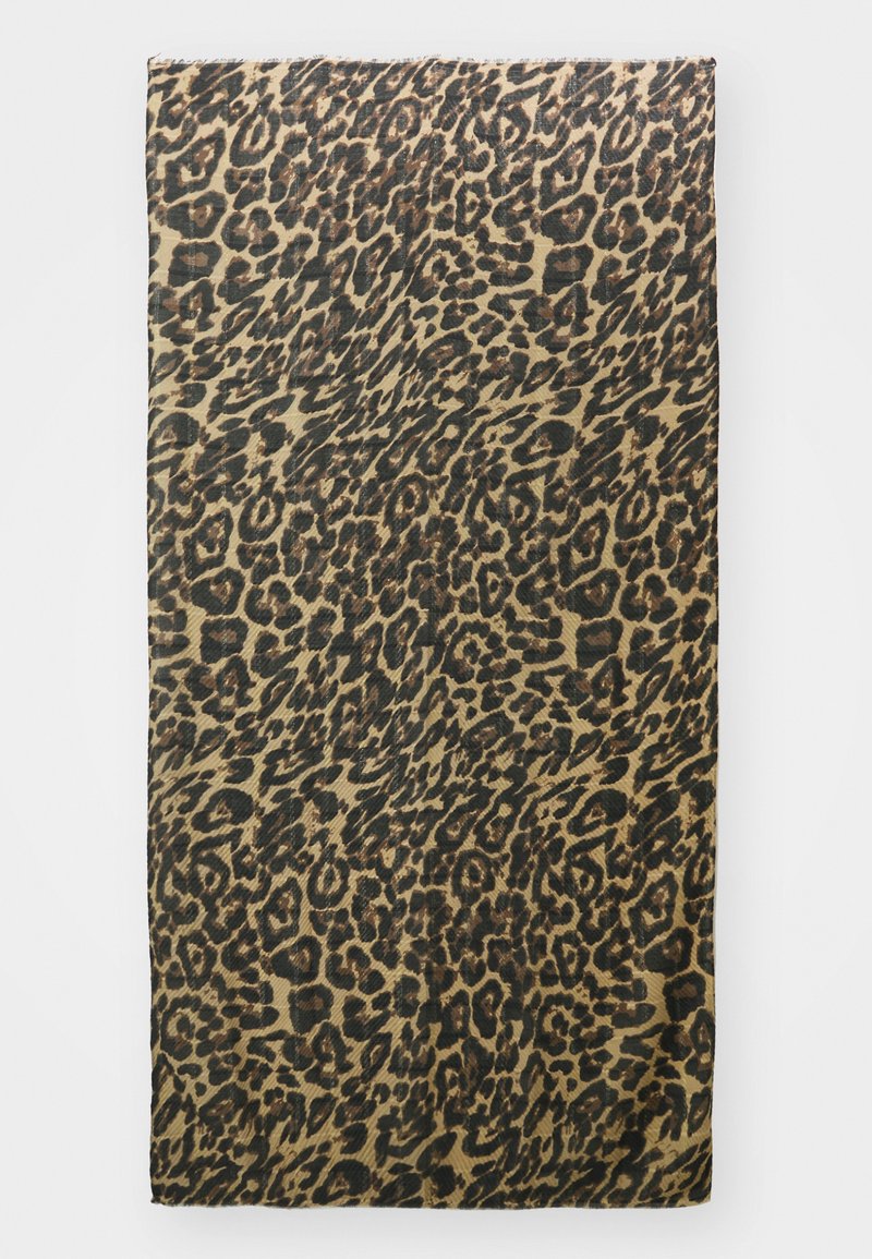 Leopardmønstret tørklæde med en lysbrun baggrund og mørkebrune samt sorte pletter. Glat tekstur og rektangulær form, der skaber et iøjnefaldende mønster.