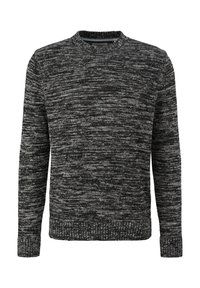 Dziany sweter w czarno-szarym melanżowym wzorze, z okrągłym dekoltem oraz ściągaczami przy mankietach i u dołu. Wykonany z miękkiego materiału.