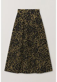 A black skirt with gold floral patterns, featuring a high waist, pleats, and a flowing A-line silhouette. Smooth fabric texture.