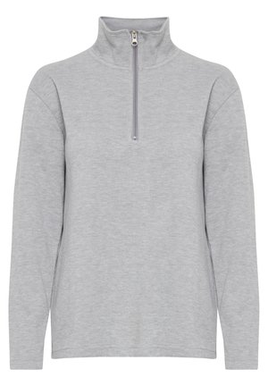 Lysegrå fleece-pullover med høj krave og kvart-zip foran. Har lange ærmer og et blødt, tekstureret stof.