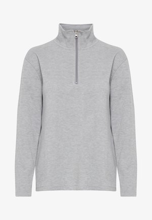 Lysegrå fleece-pullover med høj krave og kvart-zip foran. Har lange ærmer og et blødt, tekstureret stof.