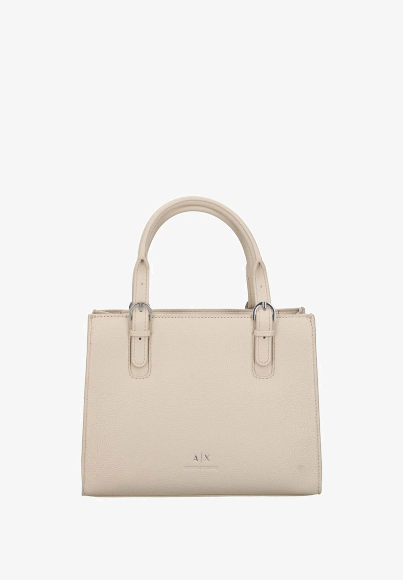 Borsa a tracolla in pelle beige con due manici corti, hardware in argento e finitura testurizzata. Presenta un logo alla base e un design strutturato.