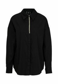 Black long-sleeve shirt with a pointed collar, featuring a front zipper with decorative detail, made from a smooth fabric with a relaxed fit.