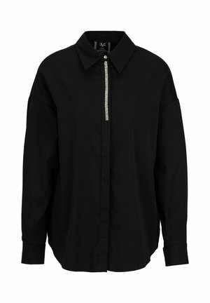 Schwarzes Langarmshirt mit spitzem Kragen, das einen Frontreißverschluss mit dekorativen Details aufweist, aus einem glatten Stoff gefertigt und mit einer lockeren Passform.