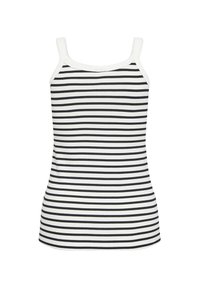 Black and white striped tank top, made of soft fabric, features narrow shoulder straps and a fitted design. No additional patterns or accents.