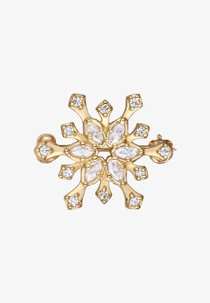 Gul snefnugg broche med marquise-formede klare rhinsten og små runde accenter, der viser intrikat metalarbejde og symmetri.