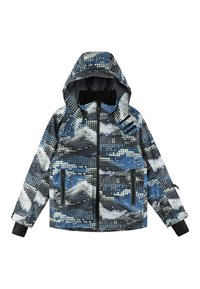 Chaqueta con patrón azul y negro, con capucha, cierre de cremallera y dos bolsillos frontales. Cuenta con un tejido texturizado y puntos blancos en contraste.