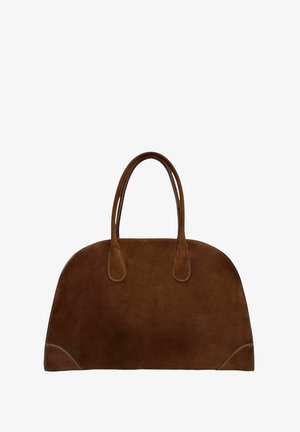 Sac à main en daim marron avec deux poignées arrondies et des coins renforcés, présentant un design lisse et structuré.