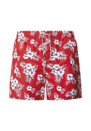 Crvene kupaće kratke hlače s bijelim i plavim uzorkom hibiskusa, elastičnim strukom i vezicom. Napravljene su od laganog sintetičkog materijala.