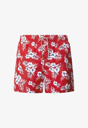 Crvene kupaće kratke hlače s bijelim i plavim uzorkom hibiskusa, elastičnim strukom i vezicom. Napravljene su od laganog sintetičkog materijala.