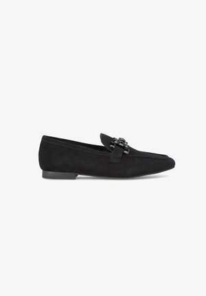 Black suede loafers with a flat heel, featuring a decorative beaded accent on the vamp. Slim silhouette with stitched detailing along the edges.
