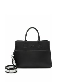 Borsa a tracolla in pelle nera con doppi manici, tracolla removibile e logo ricamato. Presenta un design strutturato e una texture liscia.