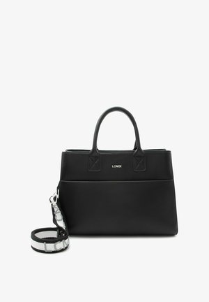 Black leather handbag with double handles, detachable strap, and embroidered logo. Features a structured design and smooth texture.