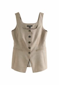 Top beige senza maniche con scollatura quadrata, caratterizzato da sei bottoni scuri sul davanti, due tasche laterali e una vestibilità strutturata.