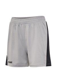 Ljusgråa träningsshorts med svarta sidopaneler, tillverkade i andningsbart tyg, med elastisk midjeresår och subtil mönsterstruktur.