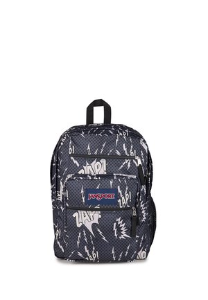 Mørkegrå Jansport rygsæk med sorte prikker, hvide lyn og "ZAP!" tekstmønster med lynlåslommer foran og øverst.