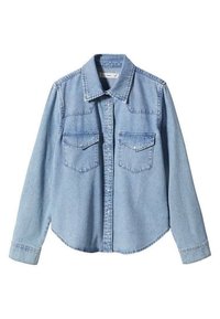 Camicia in denim azzurro chiaro con colletto a punta, maniche lunghe, due tasche sul petto, chiusura a bottoni e dettagli cuciti lungo le cuciture.
