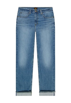 Blå denimjeans med optrukne manchetter, klassisk design med fem lommer, diskret falmning på lårene og et Lee-mærke på linningen.