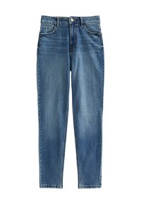 Jeans in denim blu con vestibilità dritta, caratterizzati da una vita alta, cinque tasche e aree leggermente sbiadite per texture. Chiusura con bottone in metallo.