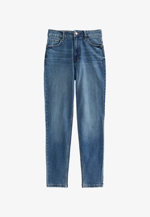 Jeans de mezclilla azul con fit recto, que cuentan con una cintura alta, cinco bolsillos y áreas sutilmente desgastadas para texturizar. Cierre con botón de metal.