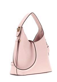 Borsa a tracolla in pelle texturizzata rosa con forma curva, manico corto singolo, rifiniture marroni e dettagli in metallo dorato.