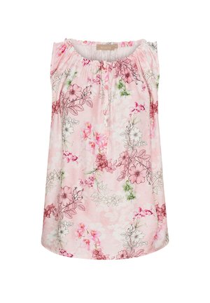 Sleeveless bluse i lyserødt stof med blomster mønstre i nuancer af pink og grøn. Har en samlet halsudskæring og forreste knapper.