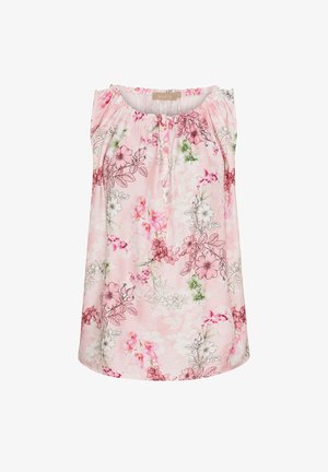 Sleeveless bluse i lyserødt stof med blomster mønstre i nuancer af pink og grøn. Har en samlet halsudskæring og forreste knapper.