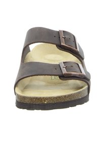 Dark brown two-strap sandal made of leather with a textured footbed, featuring two metal buckle closures and a cushioned sole.
