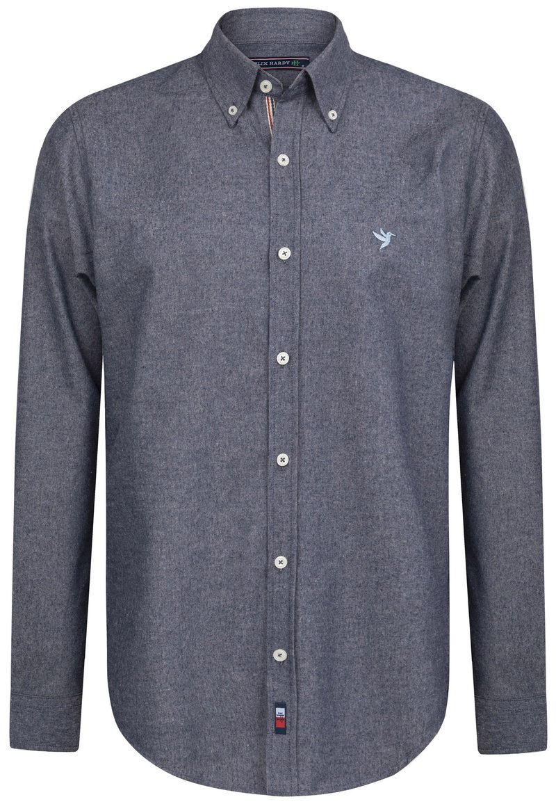 Camisa de botones de tela gris oscuro, con un logo de pájaro azul claro, mangas largas y botones blancos en la parte delantera.