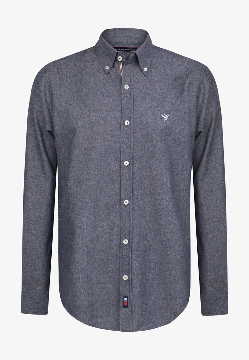 Tumedast hallist kangast nööbitav särk, millel on helesinine linnulogo, pikad varrukad ja valged nööbid esiküljel.