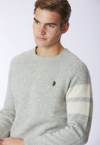 Maglione grigio chiaro realizzato in morbido tessuto a maglia, con scollo rotondo, emblema nero e strisce crema sulle maniche per un dettaglio in più.