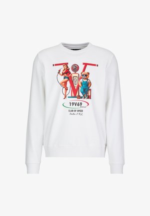 Weißes Sweatshirt mit einer Retro-Tankstelle, einer Pin-up-Frau, die eine Zapfpistole hält, und einem Bären in Latzhose mit Sonnenbrille.