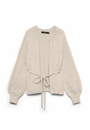 Hellgrauer Cardigan mit weicher Textur, offenem Vorderteil und langen, ballonförmigen Ärmeln. Mit gebundener Taillendetail für eine verstellbare Passform.